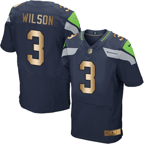 Nike Seahawks #3 Russell Wilson Steel Blue Team Color Men's Stitched NFL Elite Gold Jersey - Click Image to Close